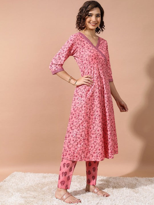 Pink Ethnic Motifs Printed Angrakha Kurta With Trousers & Dupatta