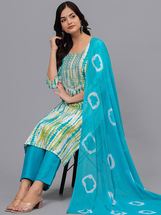 Ethnic Motifs Dyed Regular Sequinned Kurta With Trousers & Dupatta