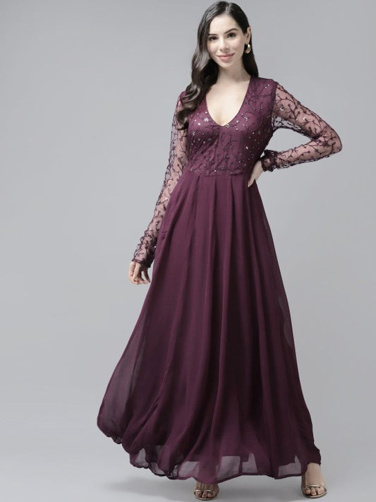 Beautiful Embroidered Purple Net Floor Length Gown