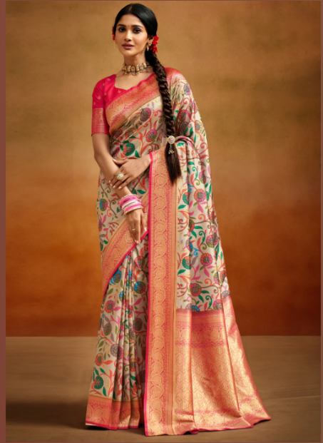 Almond Beige Woven Banarasi Silk Saree With Kalamkari Print