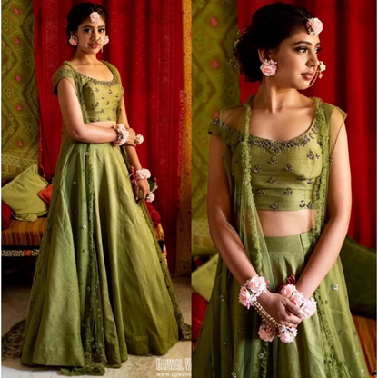 Mehendi green zurich silk sequence and zari work ceremonial lehenga choli with koti