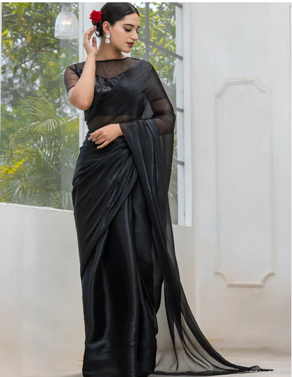 Black Friday Chiffon Organza Saree with Mirror Pendants and Blouse Fabric