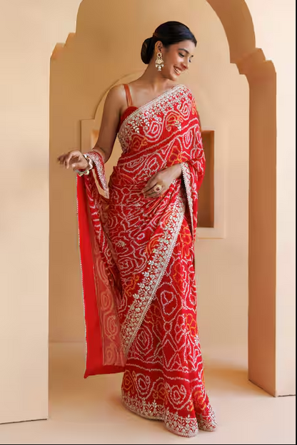 Red Pure Georgette Hand Bandhani Saree With Unstitched Blouse Piece For Women