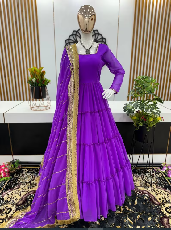 Purple Blue Georgette Anarkali suit moti work for Women