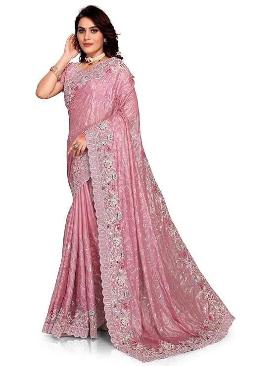 Manu Fashion Era Pink Heavy Sequence Glitter Coding Embroidered Work Crepe Silk Saree for Women and Girls with UnStitch Blouse piece Attached