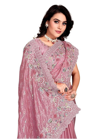 Manu Fashion Era Pink Heavy Sequence Glitter Coding Embroidered Work Crepe Silk Saree for Women and Girls with UnStitch Blouse piece Attached