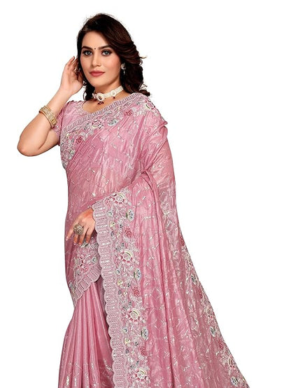 Manu Fashion Era Pink Heavy Sequence Glitter Coding Embroidered Work Crepe Silk Saree for Women and Girls with UnStitch Blouse piece Attached