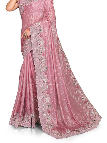 Manu Fashion Era Pink Heavy Sequence Glitter Coding Embroidered Work Crepe Silk Saree for Women and Girls with UnStitch Blouse piece Attached