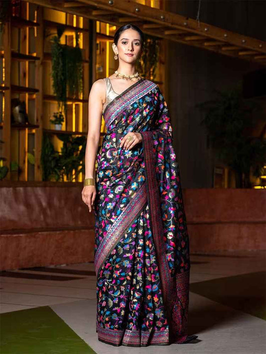 BEATITUDE Black & Blue Ethnic Motifs Zari Silk Blend Saree by Myntra