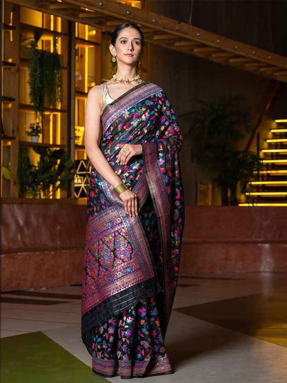 BEATITUDE Black & Blue Ethnic Motifs Zari Silk Blend Saree by Myntra