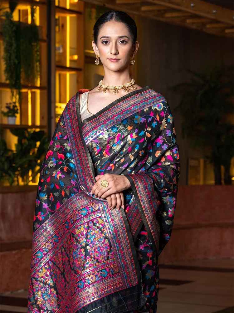 BEATITUDE Black & Blue Ethnic Motifs Zari Silk Blend Saree by Myntra