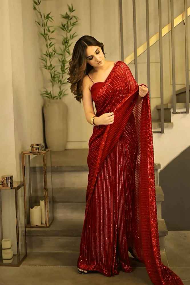 Ready to Wear Red Sequins Saree