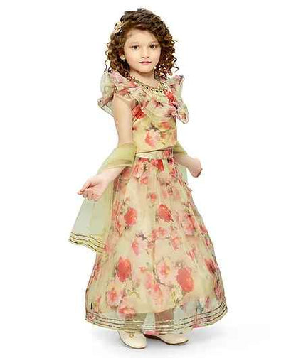 Toddler Girls Teentaare Organza Sleeveless Floral Printed Choli Lehenga & Dupatta Set