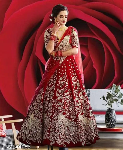 RKEVENT FASHION HUB RED MOR Lahenga Choli with Dupatta Velvet Embroidred Semi Stitched Wedding Bridal Latest Lehenga For Women