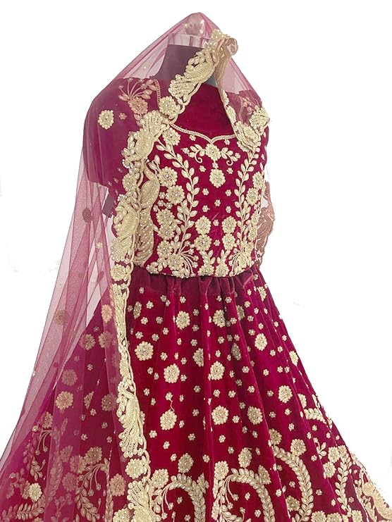 RKEVENT FASHION HUB RED MOR Lahenga Choli with Dupatta Velvet Embroidred Semi Stitched Wedding Bridal Latest Lehenga For Women