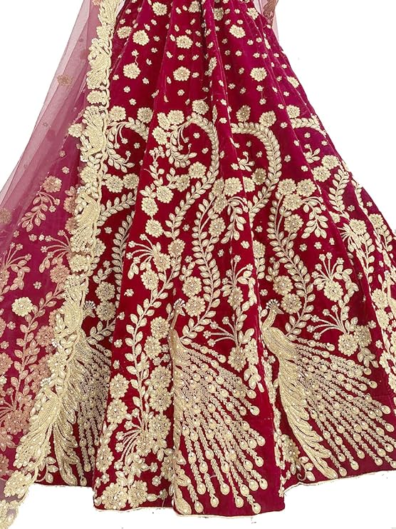 RKEVENT FASHION HUB RED MOR Lahenga Choli with Dupatta Velvet Embroidred Semi Stitched Wedding Bridal Latest Lehenga For Women