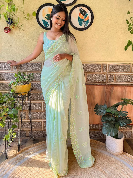 Sea Green & Blue Organza Saree