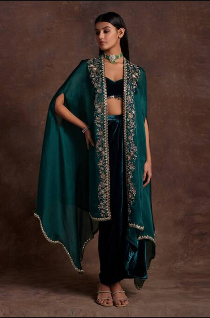 Green Silk Velvet Embroidered Sequin Floral Vine Draped Skirt Set For Women