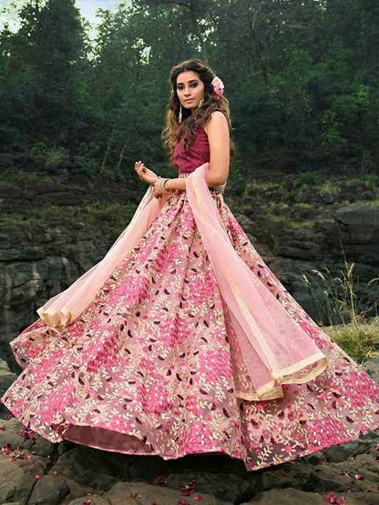 Floral Embroidered Thread Work Semi-Stitched Lehenga Choli With Dupatta(Onesize) by Myntra