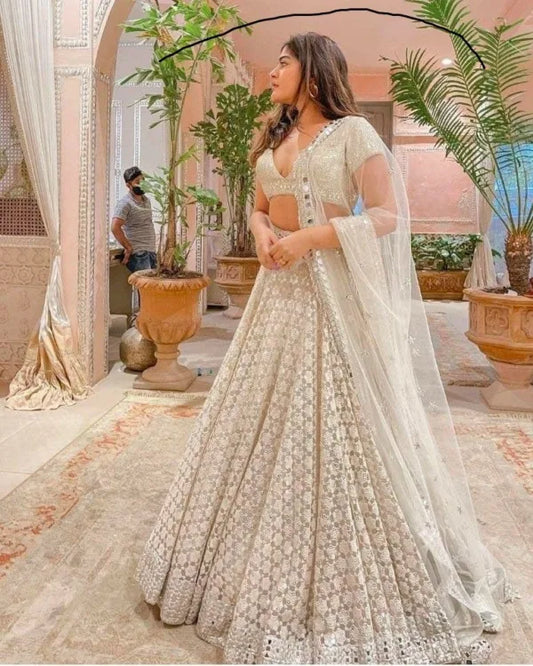 White Net Lehenga Choli with Sequins Work