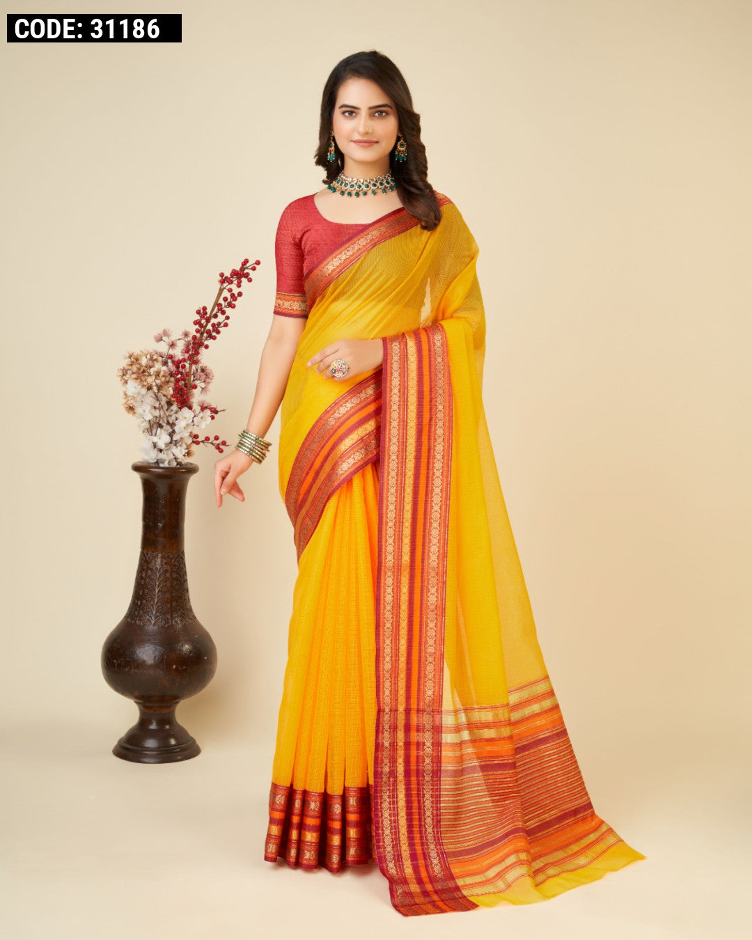 Handwoven Consecrated Cotton Yellow Saree Showcases Intricately Designed Traditional Border