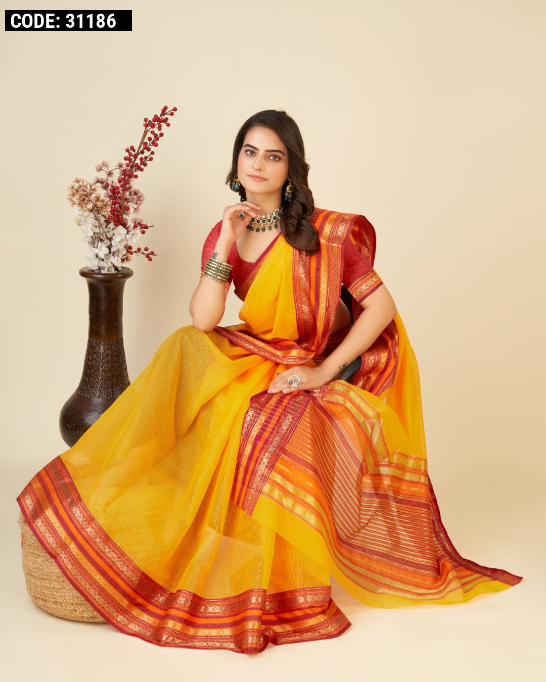 Handwoven Consecrated Cotton Yellow Saree Showcases Intricately Designed Traditional Border