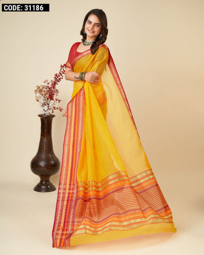 Handwoven Consecrated Cotton Yellow Saree Showcases Intricately Designed Traditional Border