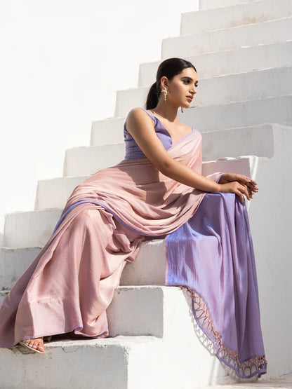 Swtantra Charm Peach & Lavender Dual Shade Satin Saree with Blouse Fabric