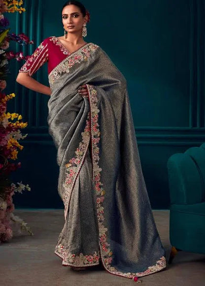 ZARI BANARAS Pre Order Woven Banarasi Silk Saree With Heavy Embroidered Border