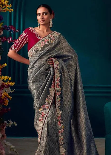 ZARI BANARAS Pre Order Woven Banarasi Silk Saree With Heavy Embroidered Border