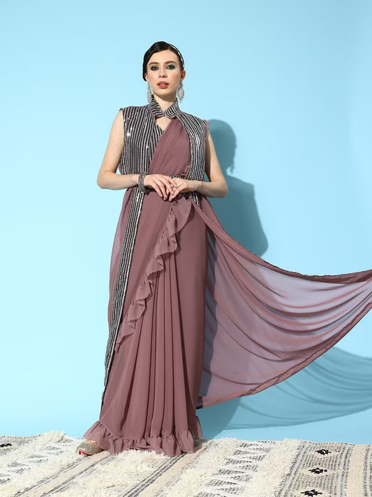 Mitera Mauve Sequinned Pure Georgette Ready to Wear Saree With Shrug(Onesize) by Myntra