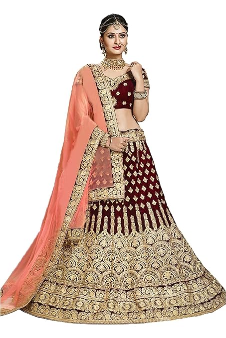 Women's Silk Blend Semi-Stitched Embroidery Lehenga Choli with Dupatta & Blouse