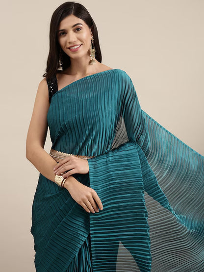 Saree mall Teal Blue Solid Accordion Pleated Sarees by Myntra