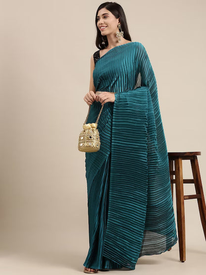 Saree mall Teal Blue Solid Accordion Pleated Sarees by Myntra