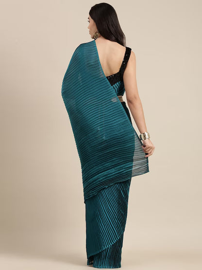 Saree mall Teal Blue Solid Accordion Pleated Sarees by Myntra