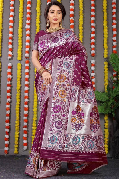 Purple color soft kanchipuram silk saree with silver zari weaving work