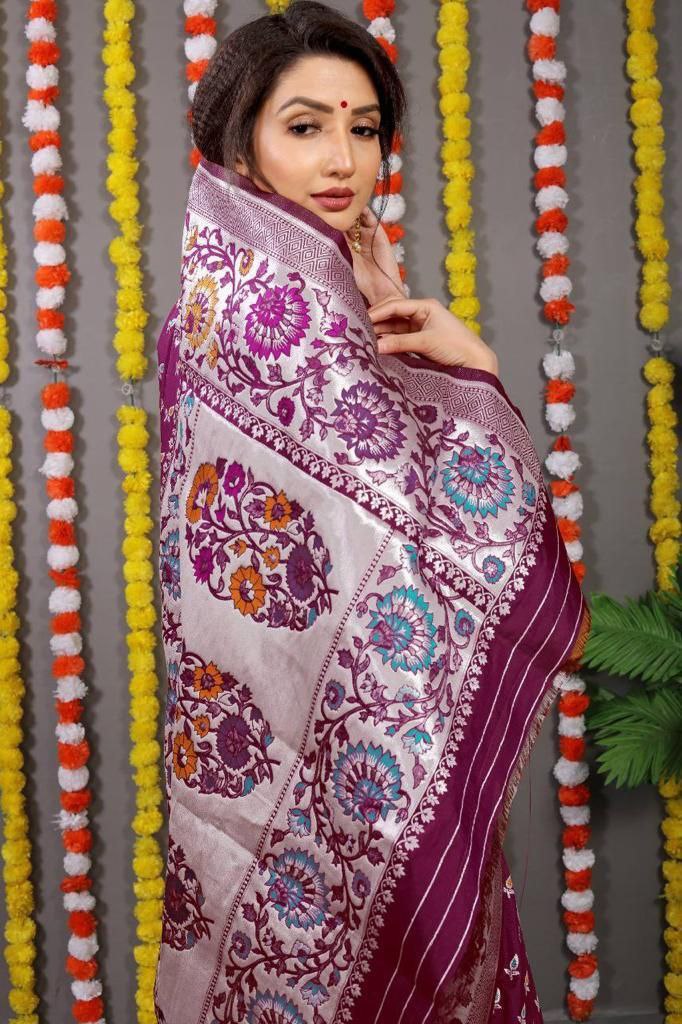 Purple color soft kanchipuram silk saree with silver zari weaving work