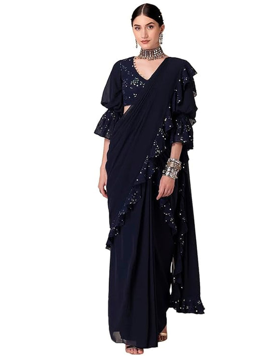 Indya Women X Ridhi Mehra Sequin Embroidered Ruffled Pre-Stitched Saree For