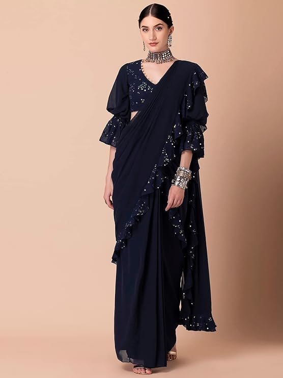 Indya Women X Ridhi Mehra Sequin Embroidered Ruffled Pre-Stitched Saree For