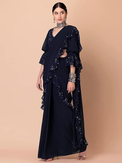 Indya Women X Ridhi Mehra Sequin Embroidered Ruffled Pre-Stitched Saree For