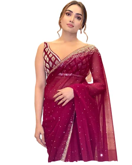 infloura Women's And Girls Heavy Georgette Multi Colours Saree With C-Pallu Sequence Work Along With Hand Stone Work Red