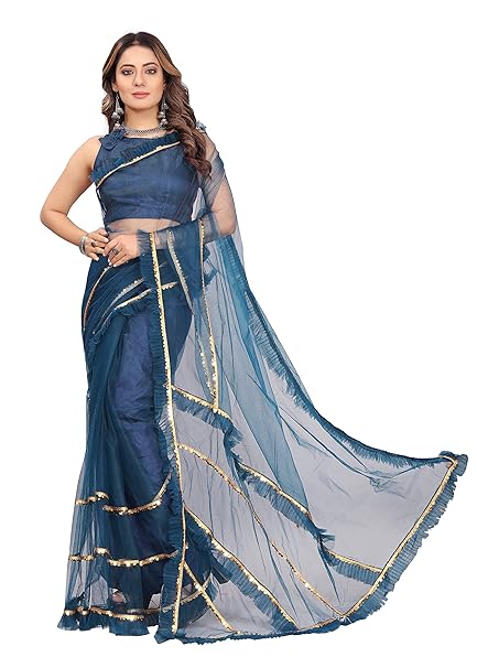 BARKIYA CREATION Women's Net Frill,Bollywood Saree With Unstiched Blouse Piece