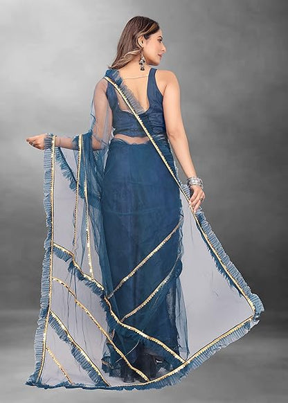 BARKIYA CREATION Women's Net Frill,Bollywood Saree With Unstiched Blouse Piece