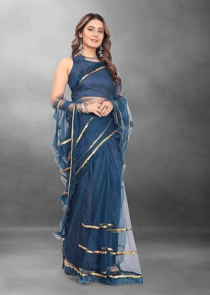 BARKIYA CREATION Women's Net Frill,Bollywood Saree With Unstiched Blouse Piece