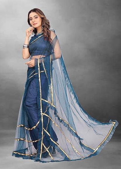 BARKIYA CREATION Women's Net Frill,Bollywood Saree With Unstiched Blouse Piece