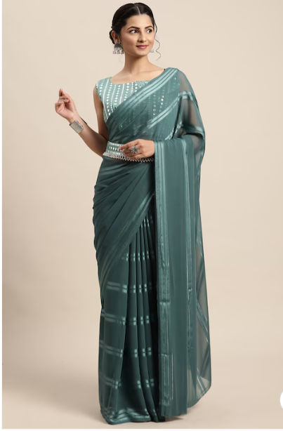 Saree mall Women Teal Poly Georgette Striped Saree Saree with Matching Blouse