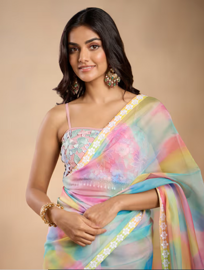 Lavendare Multi-Color Printed Butterfly Embroidered Saree