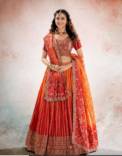 Red & Orange Semi Stitched Lehenga and Unstitched Choli with Dupatta