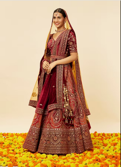 Cherry red and Sunrise Orange Rhinestone Work Bridal Lehenga