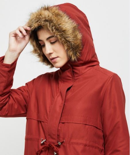 Women Red Brown Longline Parka Jacket